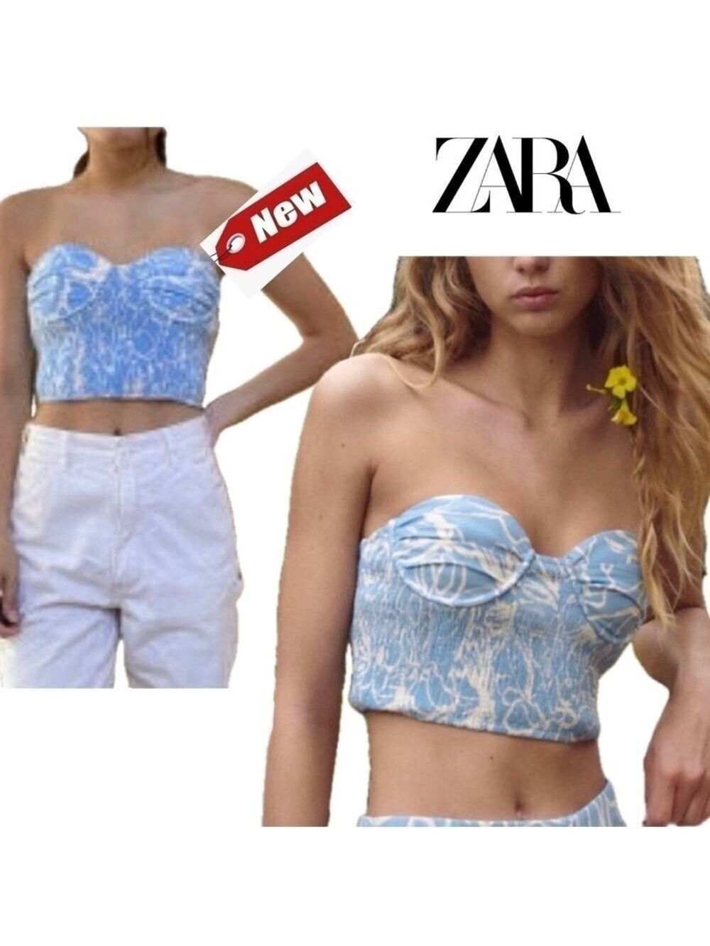 Zara blue white tropical smocked sweetheart neckline corset bustier crop top XL
